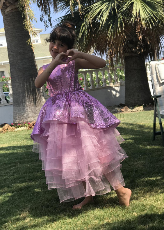 Bright Pink Sequin Organza Peplum Flower Girl Dress